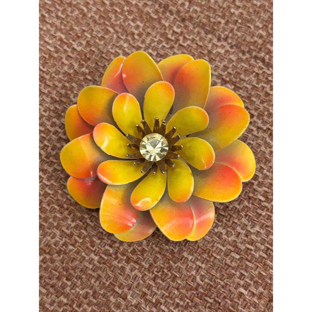 Vintage 60s Enamel Flower Brooch Yellow Orange Ombre Rhinestone Floral Pin